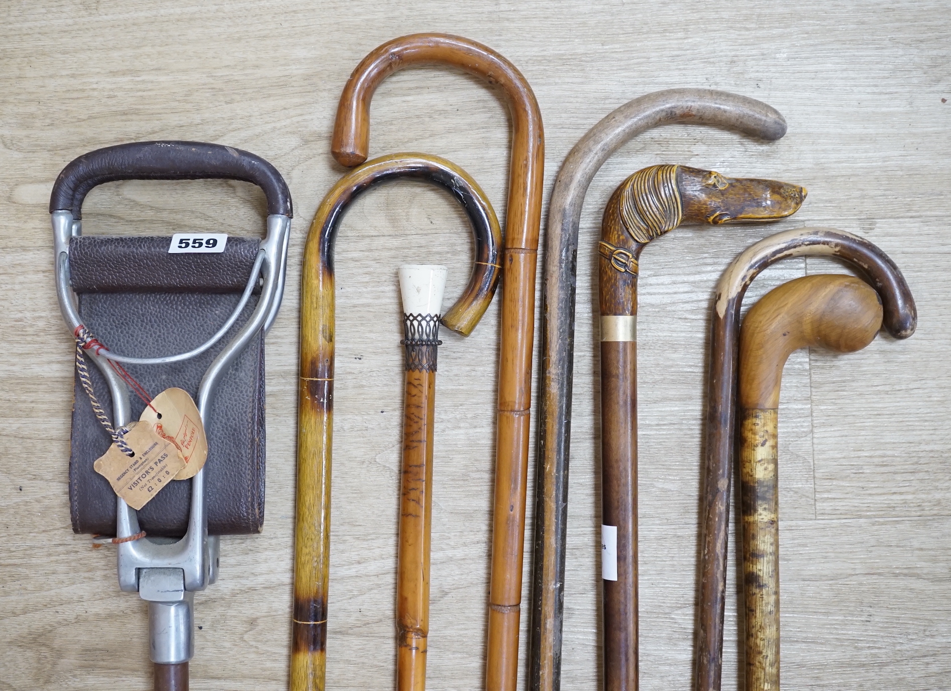 A group of eight various wood walking sticks including a carved ‘dog head’ stick, a cane and a shooting stick